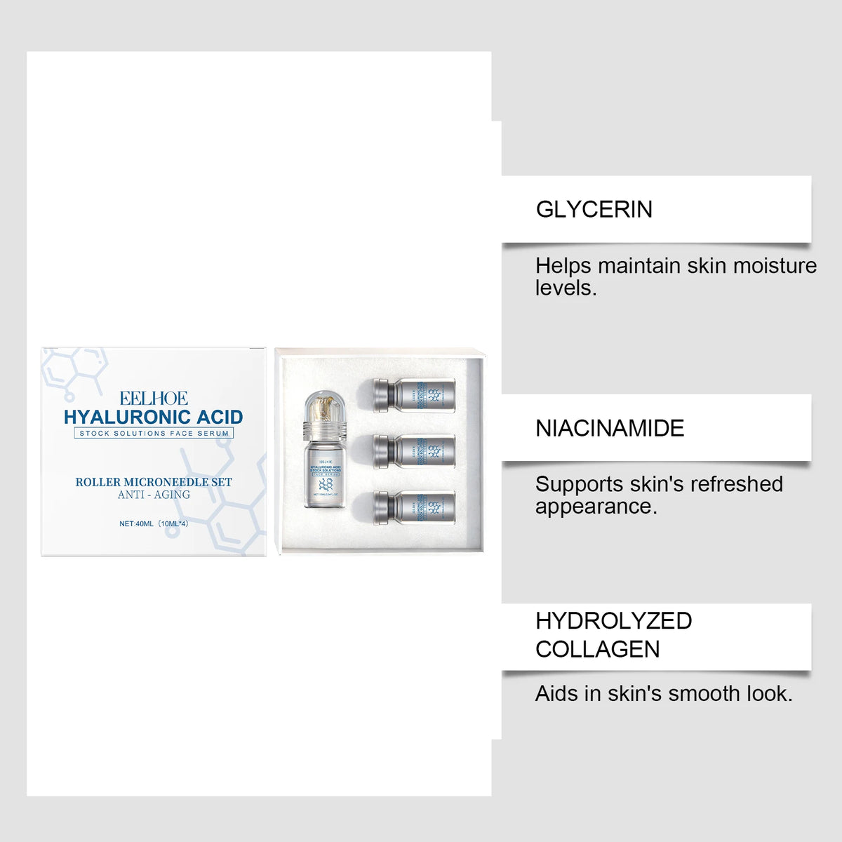 Hyaluronic Acid Hydrating Facial Serum Set with Roller Applicator